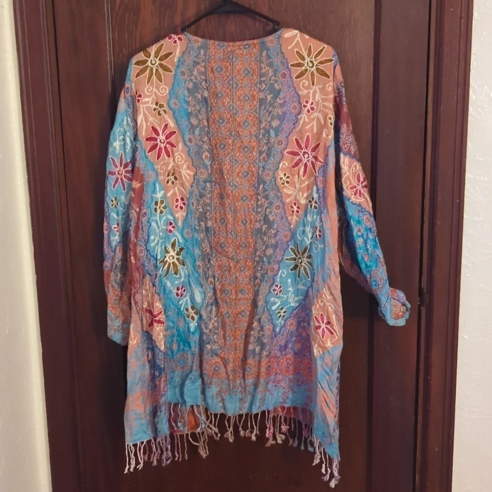 Time For Me Embroidered Bohemian Flowy Open Fringe Cardigan Size 2X - Picture 7 of 9